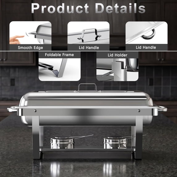 Vaparinckl Chafing Dishes for Buffet Set 4 Pack, Stainless Steel Catering Chafer, Buffet Server Food Warmer with Lids for Parties, Events, Wedding, Camping, Family Dinner