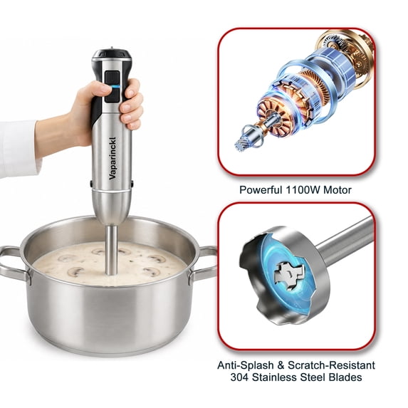 Vaparinckl Immersion Blender, 24-Speed 1100W Stainless Steel Handheld Blender, 5-in-1 with Turbo, Hand Mixer Stick Blender with Chopper, Beaker, Whisk,Milk Frother for Kitchen, Soups&Smoothies, Black