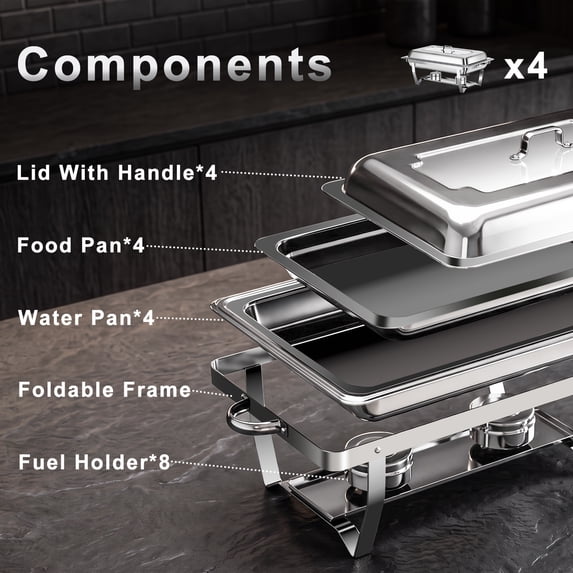 Vaparinckl Chafing Dishes for Buffet Set 4 Pack, Stainless Steel Catering Chafer, Buffet Server Food Warmer with Lids for Parties, Events, Wedding, Camping, Family Dinner