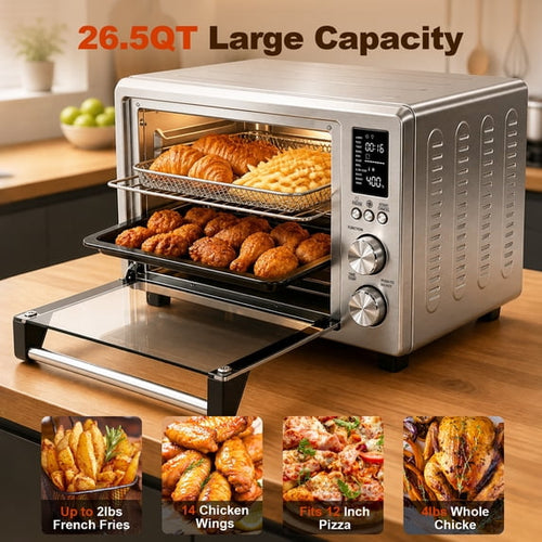 Vaparinckl 26.5QT Air Fryer Toaster Oven, Digital Control with 11-in-1 Multifunction Countertop, Clear-Viewing Window, Oil-Less 1500W, Stainless Steel